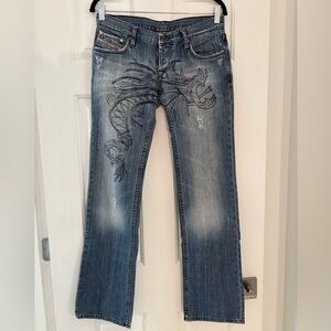 Vintage 90’s/Y2K Diesel Embroidered Dragon Low-Rise Button-Fly Jeans - Rare!